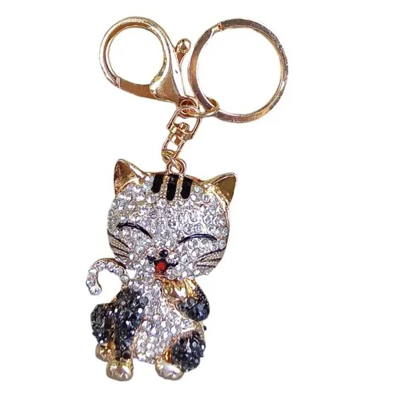 Black & White Cat Rhinestone Bag Charm - Picture 1 of 1